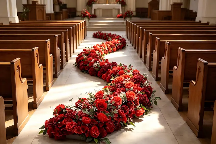 red flower runner on wedding aisle with roses hydrangeas and berries