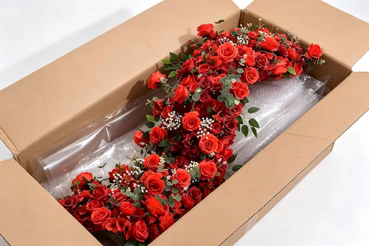 red flower runner packaging in carton for shipping