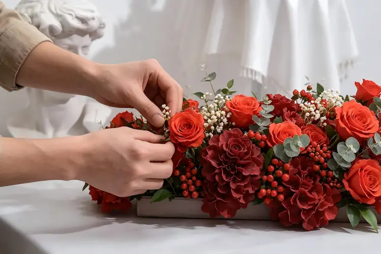 artisan handcrafting red flower runner