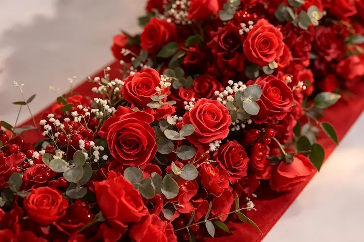 red flower runner texture close up roses hydrangeas berries velvet