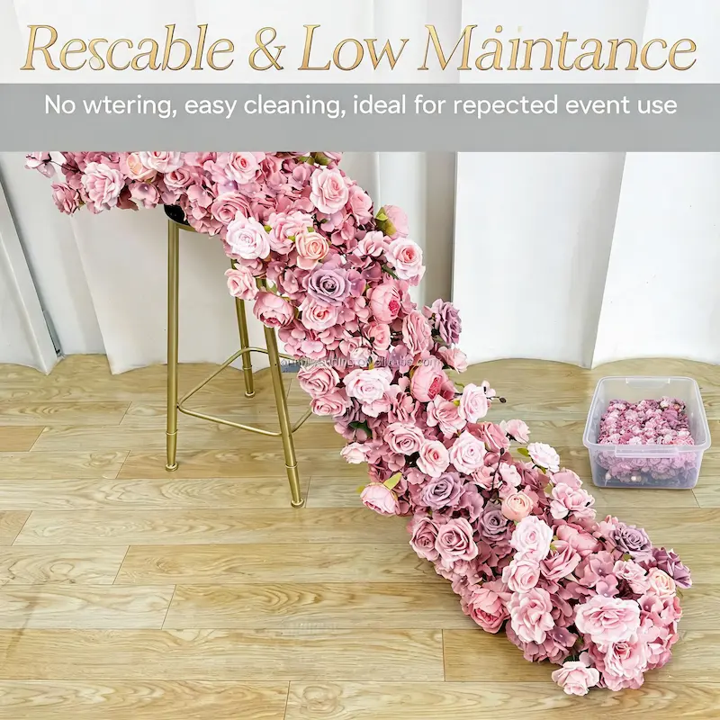 Pink Flower Runner – Artificial Pink Rose Aisle Runner for Weddings & Events