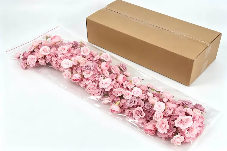 pink flower runner packaging in carton for shipping