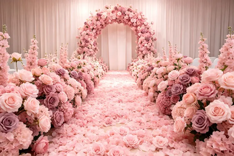 pink flower runner with flower arch wedding ceremony aisle decor