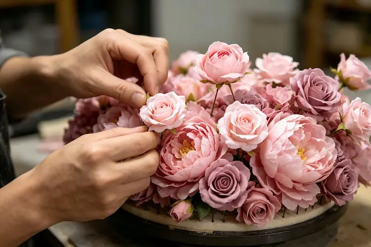 artisan handcrafting pink flower runner