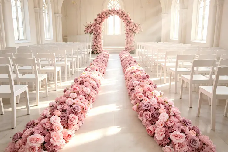 pink flower runner on wedding aisle with roses peonies hydrangeas