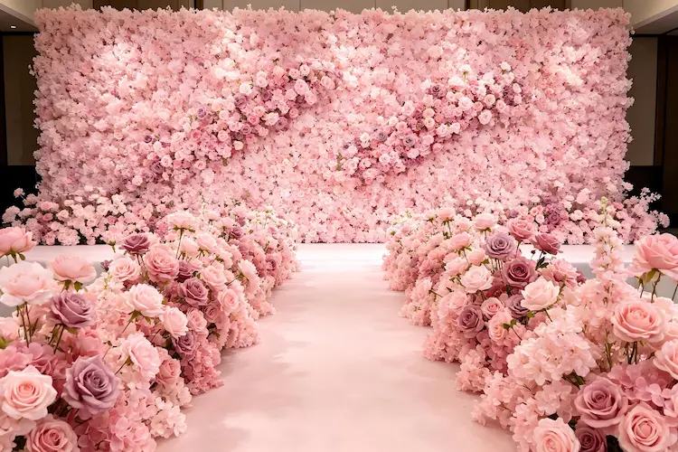 pink flower runner with flower wall wedding photo backdrop decor