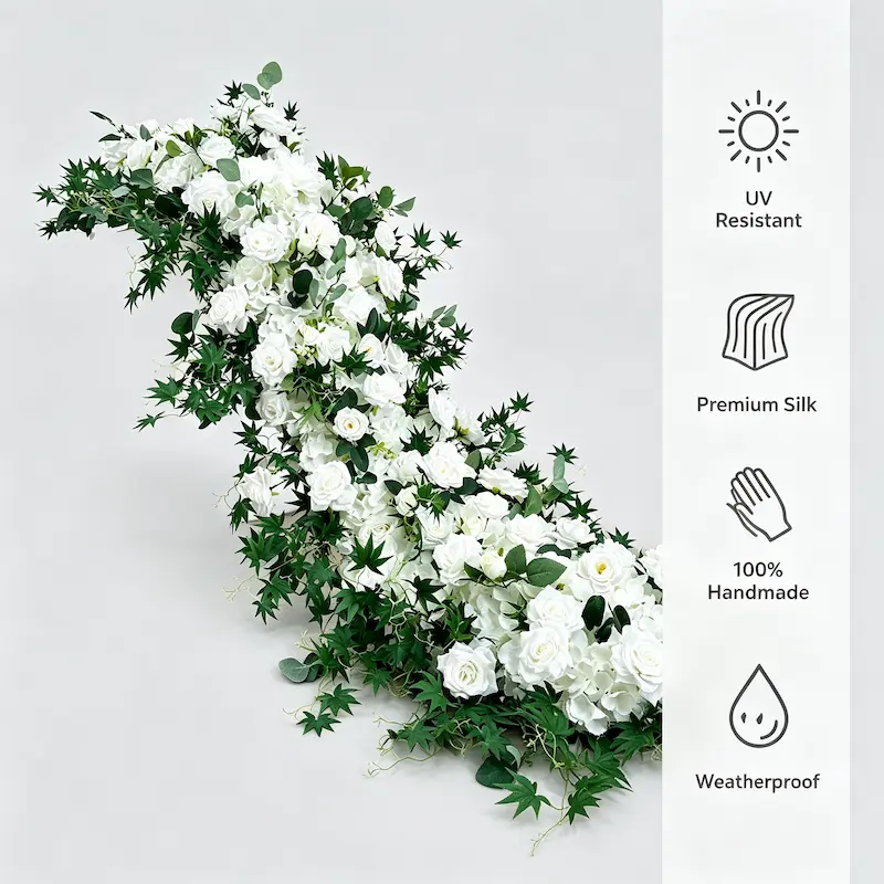 White & Green Flower Aisle Runner – Artificial Eucalyptus Rose Wedding Aisle Runner for Outdoor Ceremony & Events