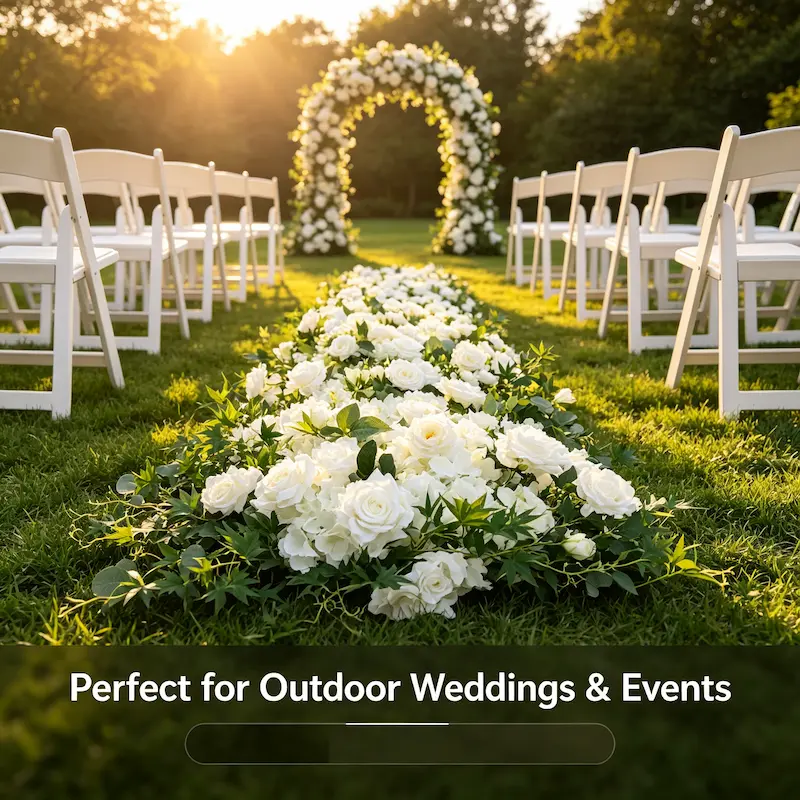 White & Green Flower Aisle Runner – Artificial Eucalyptus Rose Wedding Aisle Runner for Outdoor Ceremony & Events