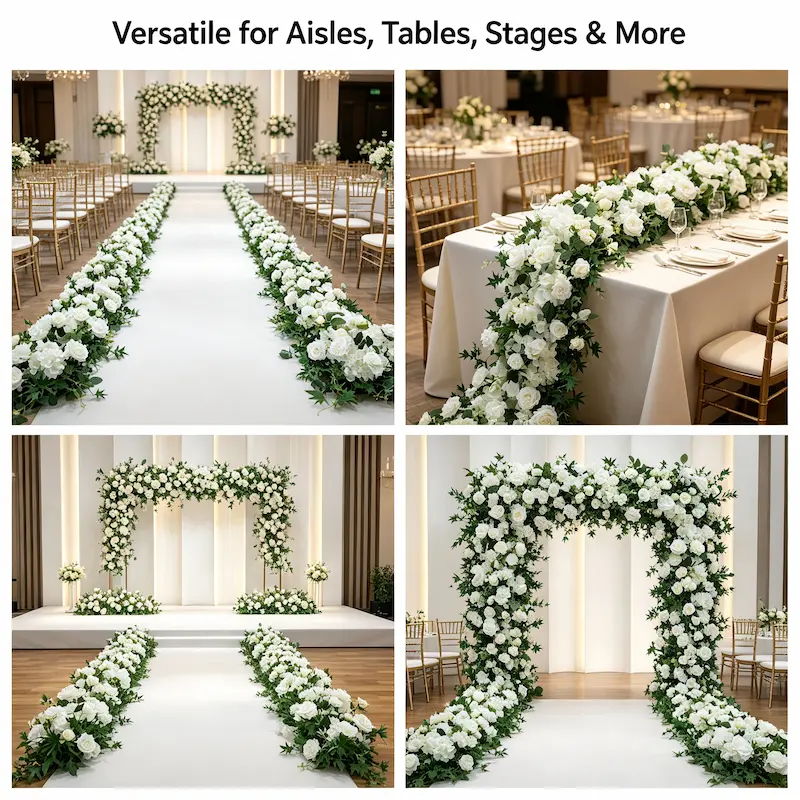 White & Green Flower Aisle Runner – Artificial Eucalyptus Rose Wedding Aisle Runner for Outdoor Ceremony & Events