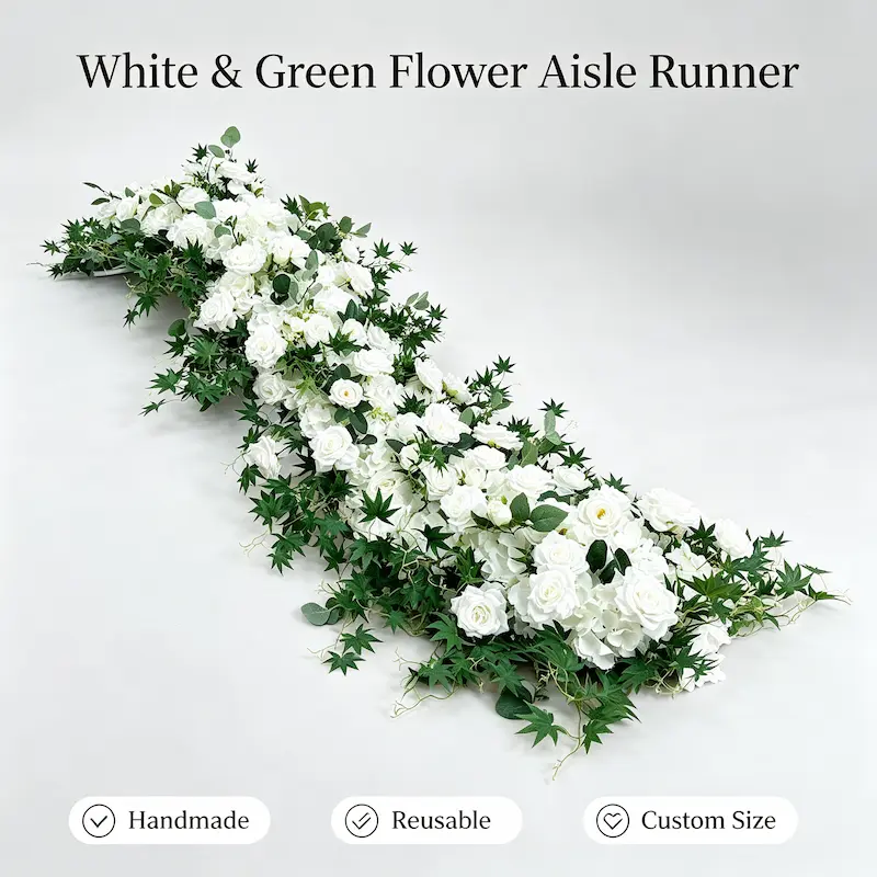 White & Green Flower Aisle Runner – Artificial Eucalyptus Rose Wedding Aisle Runner for Outdoor Ceremony & Events
