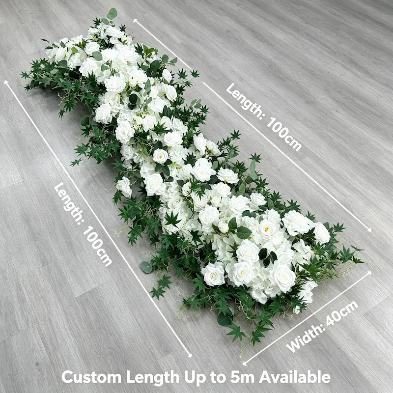 White & Green Flower Aisle Runner – Artificial Eucalyptus Rose Wedding Aisle Runner for Outdoor Ceremony & Events