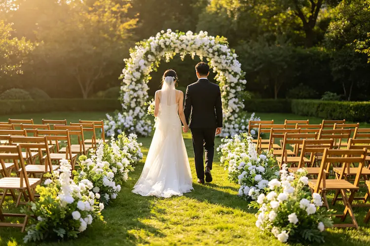 white-green-flower-aisle-runner-outdoor-wedding-ceremony