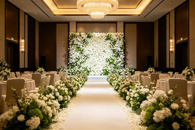 white-green-flower-runner-with-flower-wall-backdrop-event-decor