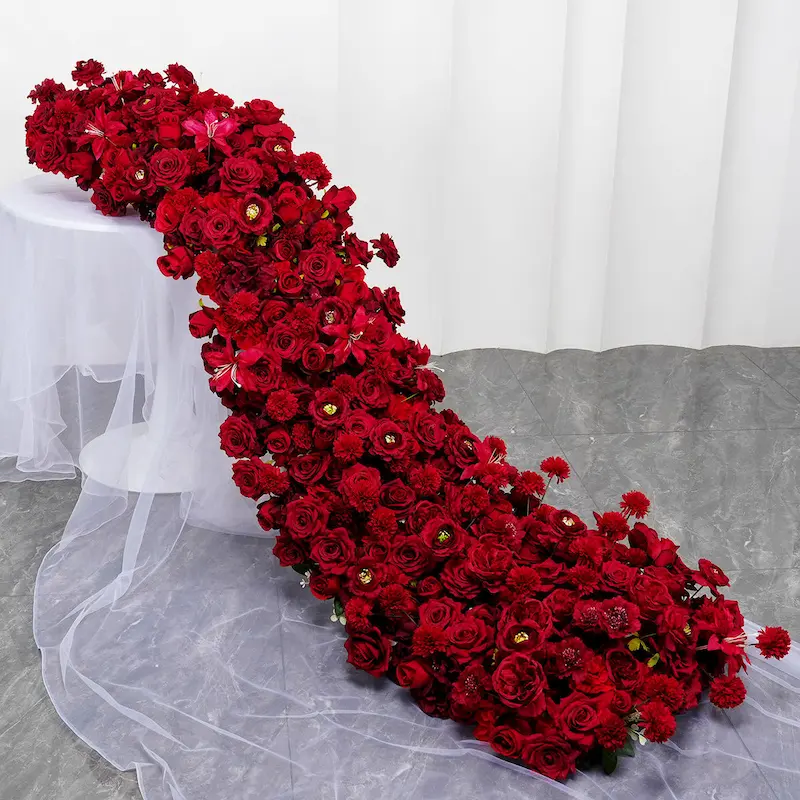 Burgundy Flower Runner – Artificial Burgundy Aisle Runner for Vintage Weddings & Luxury Events