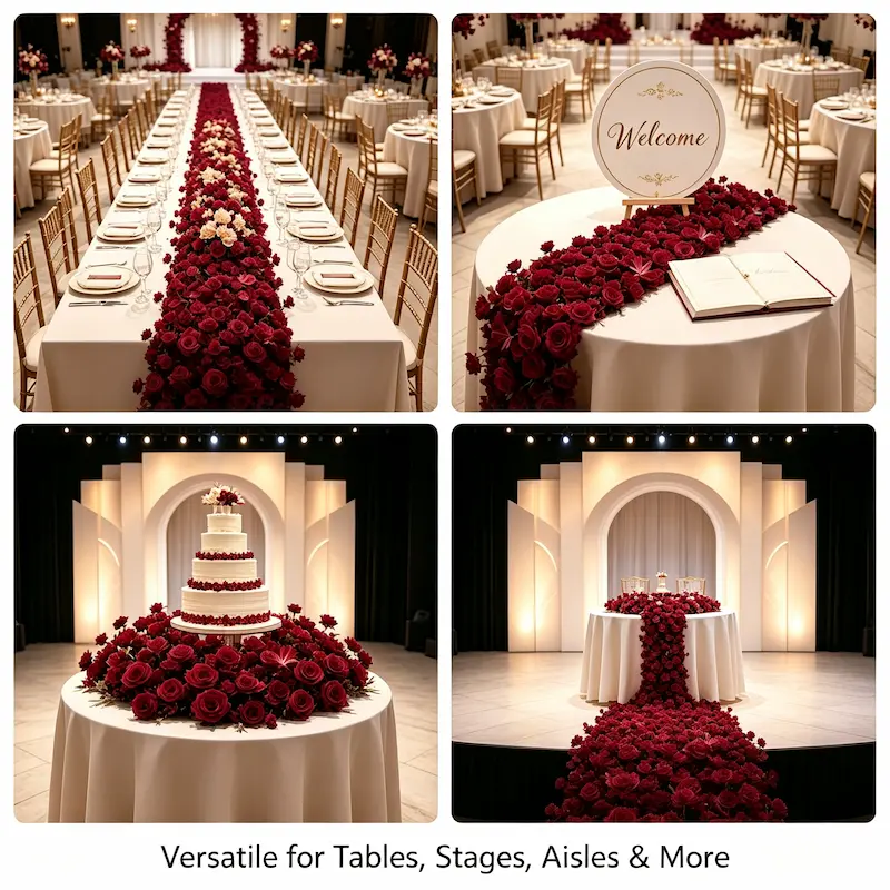 Burgundy Flower Runner – Artificial Burgundy Aisle Runner for Vintage Weddings & Luxury Events