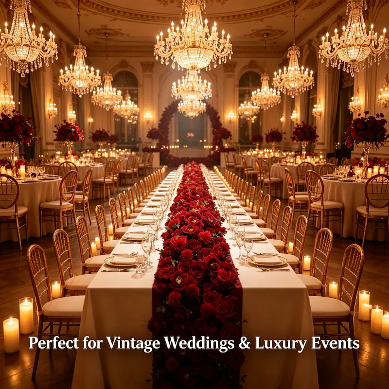 Burgundy Flower Runner – Artificial Burgundy Aisle Runner for Vintage Weddings & Luxury Events