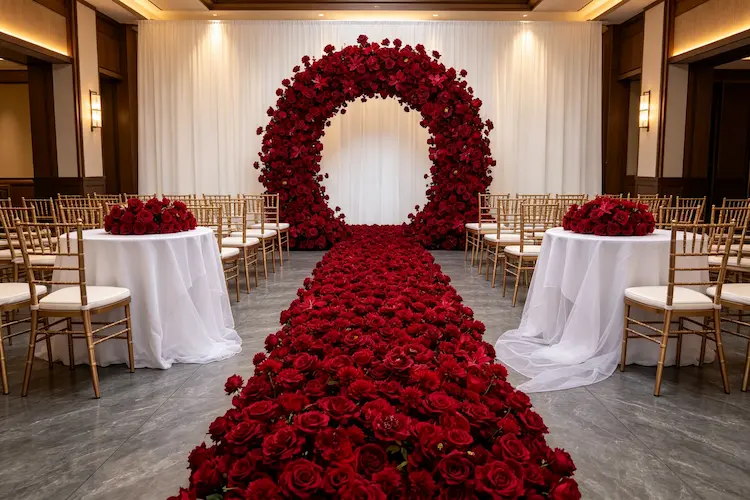 burgundy-flower-runner-with-floral-arch-ceremony-set