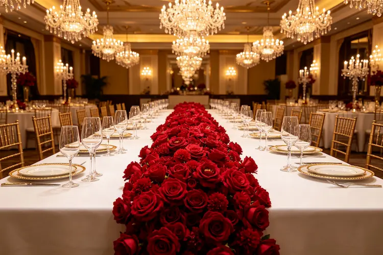 burgundy-flower-runner-luxury-wedding-aisle-ballroom