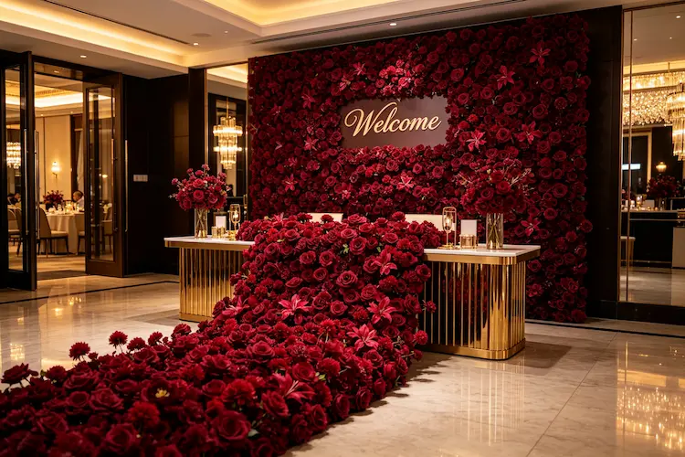 burgundy-flower-runner-with-flower-wall-backdrop-luxury-event