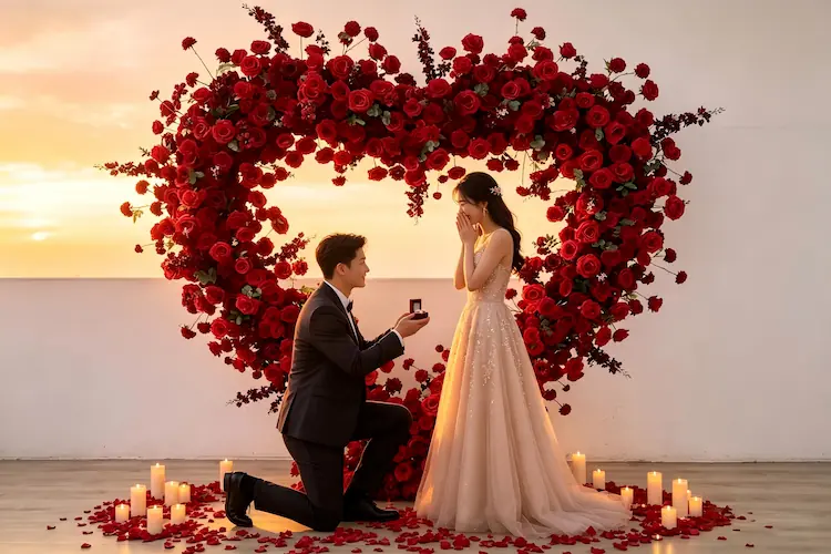 red rose heart arch proposal backdrop romantic surprise