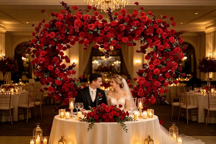 red rose heart arch sweetheart table wedding reception
