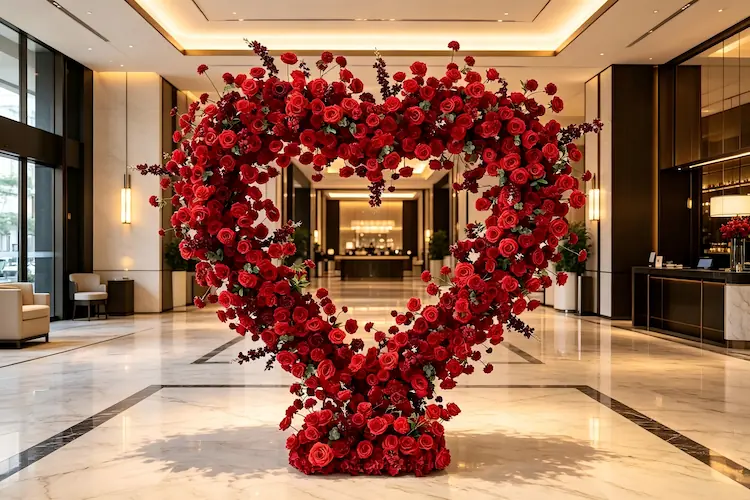 red rose heart arch hotel lobby commercial event decor