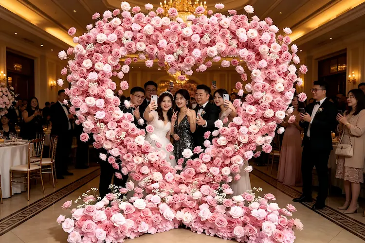 pink heart flower wall photo booth wedding guests selfie backdrop