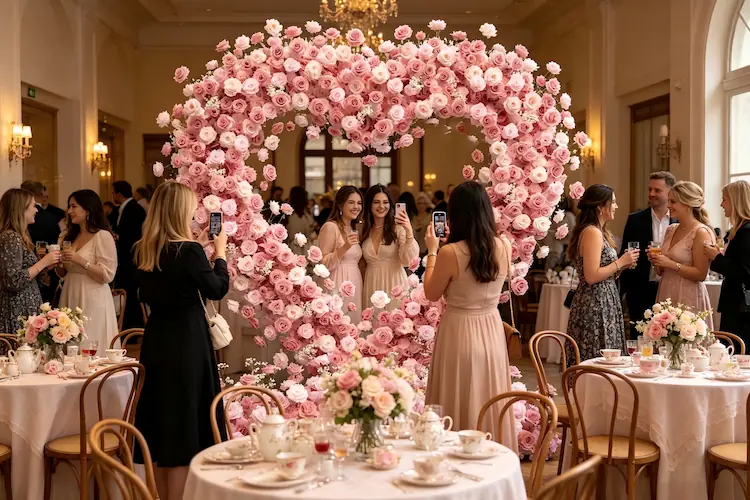 pink heart flower wall bridal shower party backdrop