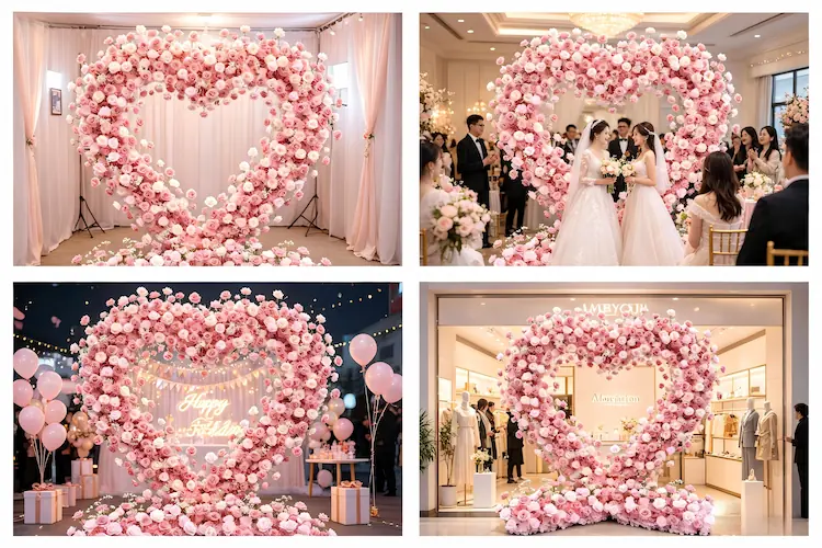 pink heart flower wall multiple scenes wedding bridal shower birthday pop up