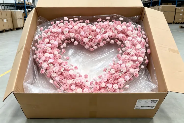 pink heart flower wall packaging in carton for shipping