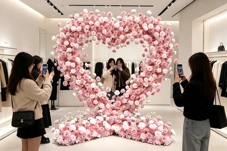 pink heart flower wall brand pop up retail display