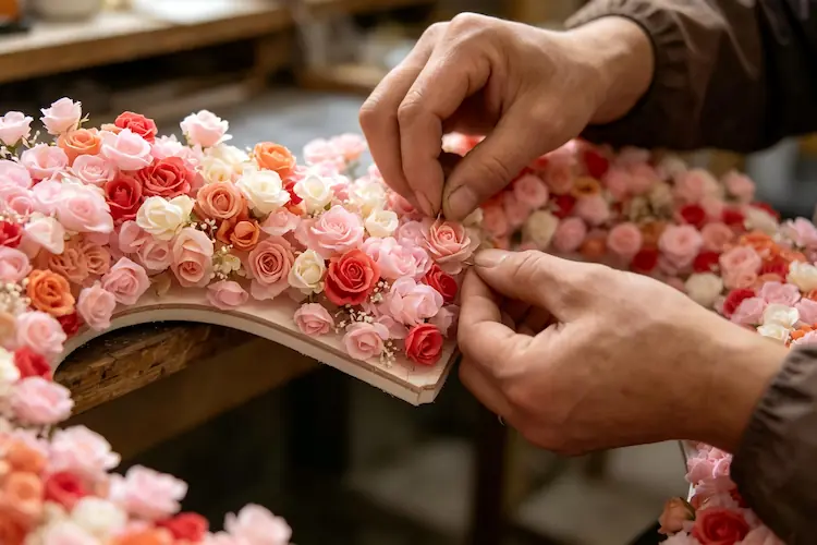 artisan handcrafting heart shaped flower backdrop