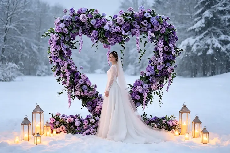 purple heart arch winter wedding dramatic contrast