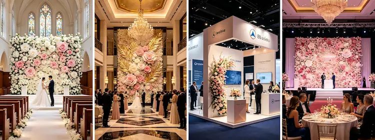 international event cases using XIBO pink white heart flower walls