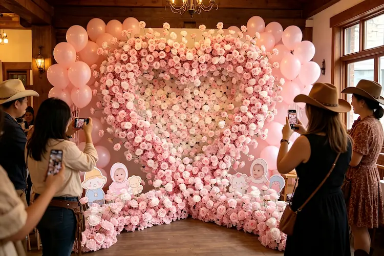 pink white heart flower wall baby shower party backdrop