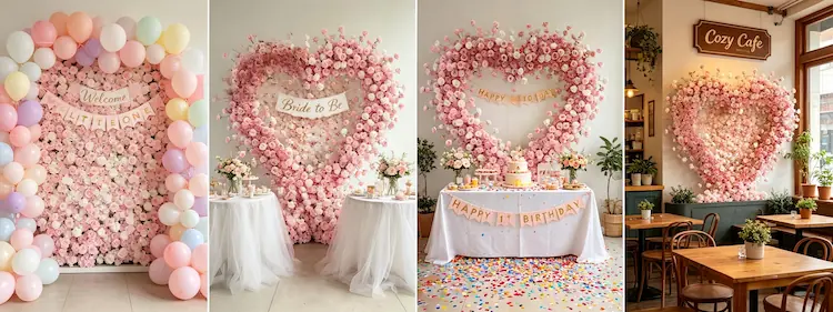 pink white heart flower wall multiple scenes baby shower bridal shower birthday cafe