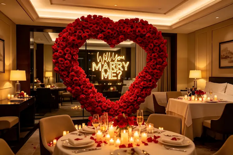 red heart arch proposal hotel romantic dinner setup