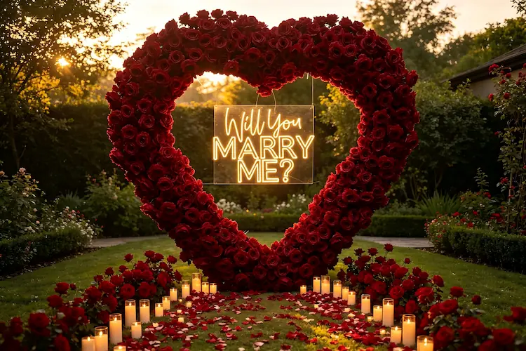 red heart arch proposal will you marry me sign romantic backdrop