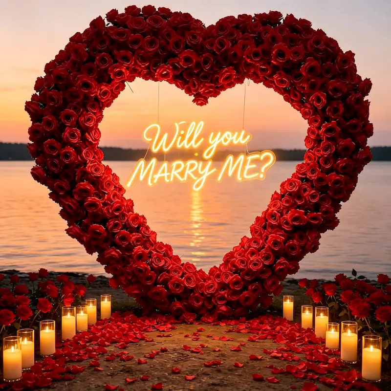 Red Heart Arch Backdrop for Proposal – Will You Marry Me Sign（Complete Romantic Arch + Sign Set）