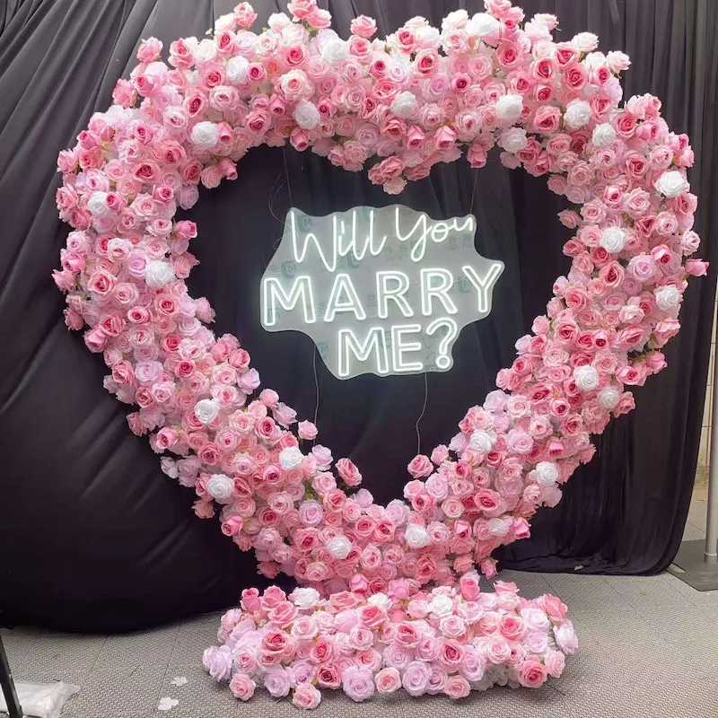 Pink Heart Floral Arch with Metal Stand – Handmade Dense Roses Romantic Wedding Proposal Backdrop