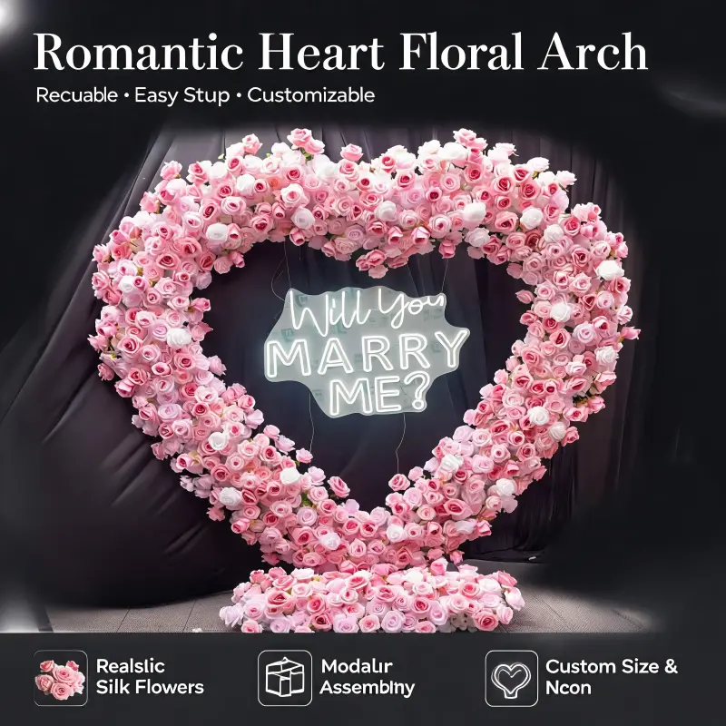 Pink Heart Floral Arch with Metal Stand – Handmade Dense Roses Romantic Wedding Proposal Backdrop
