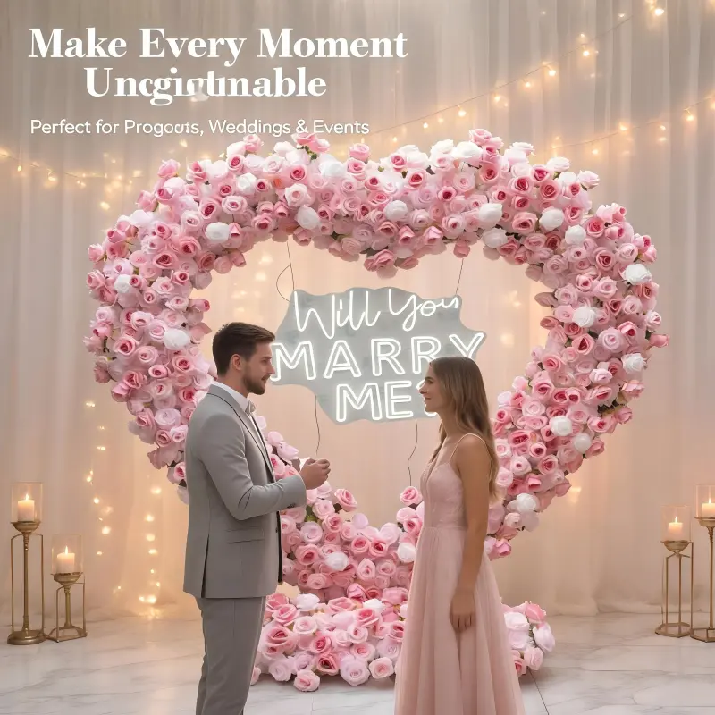 Pink Heart Floral Arch with Metal Stand – Handmade Dense Roses Romantic Wedding Proposal Backdrop