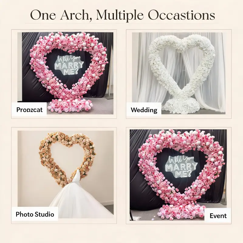 Pink Heart Floral Arch with Metal Stand – Handmade Dense Roses Romantic Wedding Proposal Backdrop