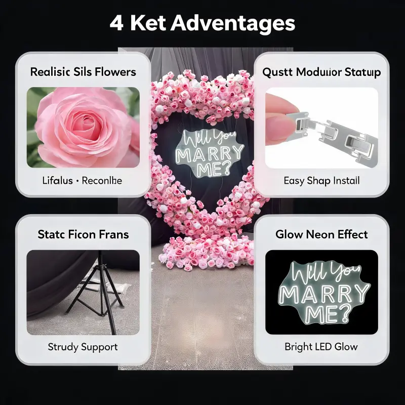 Pink Heart Floral Arch with Metal Stand – Handmade Dense Roses Romantic Wedding Proposal Backdrop