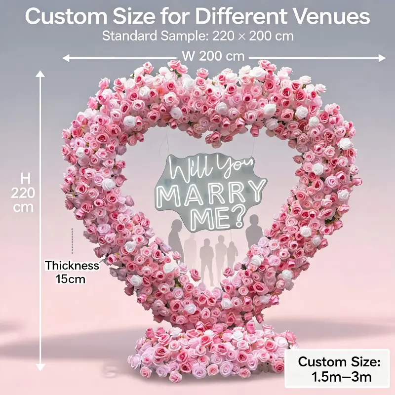 Pink Heart Floral Arch with Metal Stand – Handmade Dense Roses Romantic Wedding Proposal Backdrop