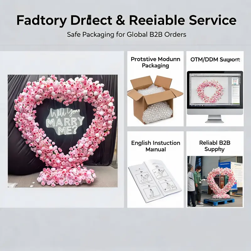 Pink Heart Floral Arch with Metal Stand – Handmade Dense Roses Romantic Wedding Proposal Backdrop
