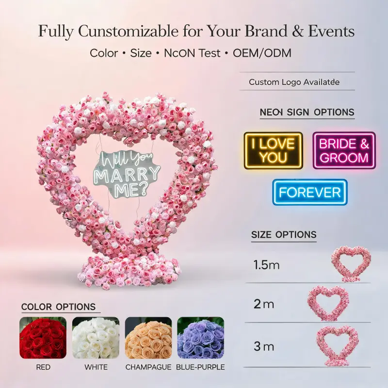 Pink Heart Floral Arch with Metal Stand – Handmade Dense Roses Romantic Wedding Proposal Backdrop