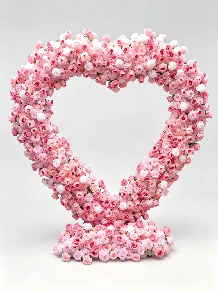 pink heart flower arch front view full display with stand