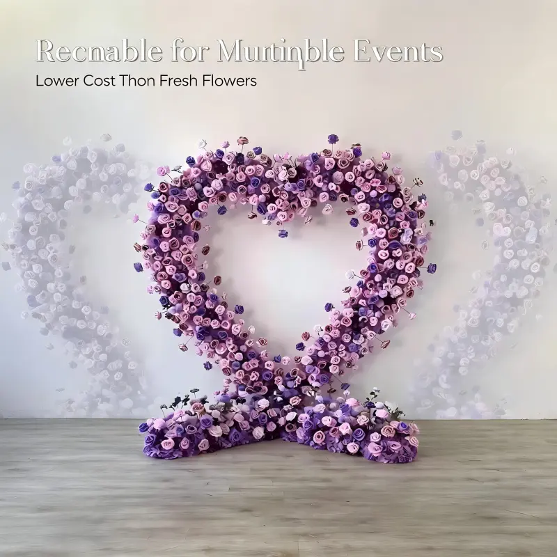 Purple Heart Floral Arch with Metal Stand – Handmade Dense Roses Elegant Wedding Proposal Backdrop