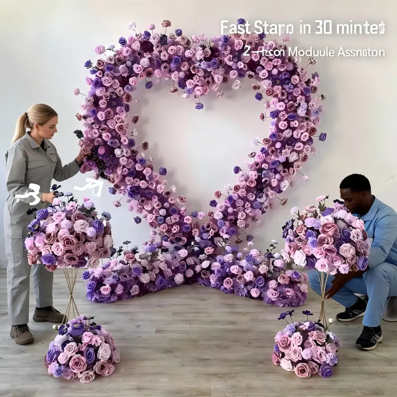 Purple Heart Floral Arch with Metal Stand – Handmade Dense Roses Elegant Wedding Proposal Backdrop